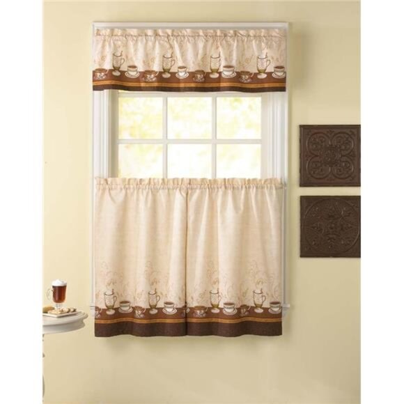 Cafe Au Lait Window Kitchen Curtain Tier and Valance, 3-Piece Set, Beige - Picture 2 of 3
